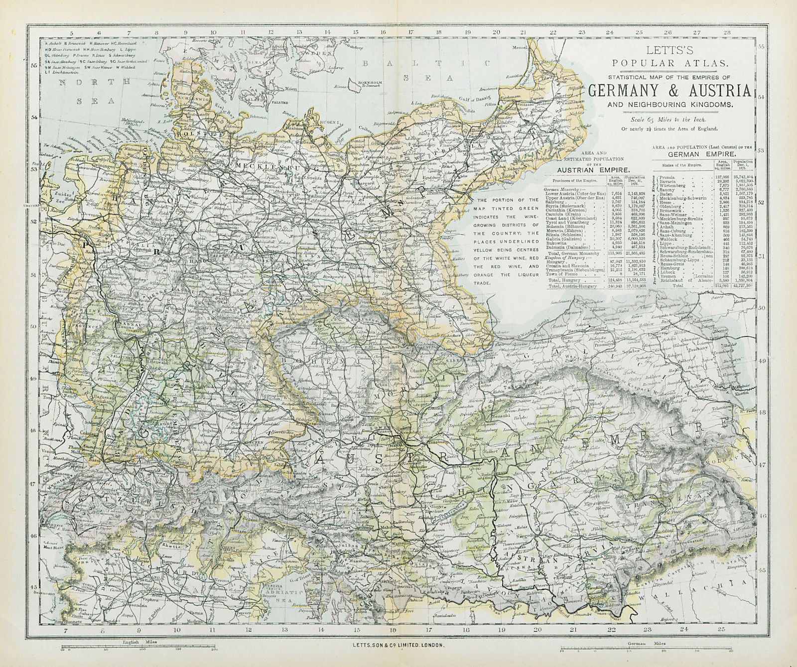 GERMANY & AUSTRIA-HUNGARY wine growing regions in green. LETTS 1883 old map